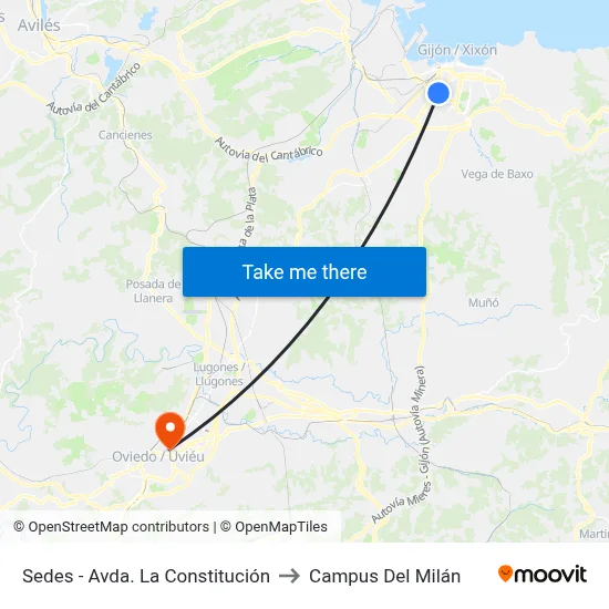 Sedes - Avda. La Constitución to Campus Del Milán map
