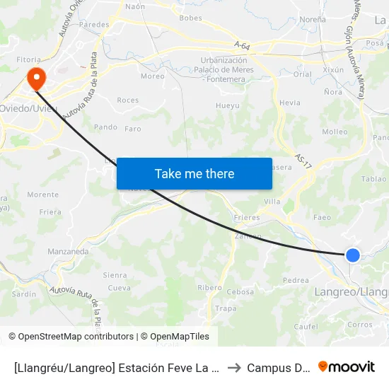 [Llangréu/Langreo]  Estación Feve La Felguera [Cta 00815] to Campus Del Milán map