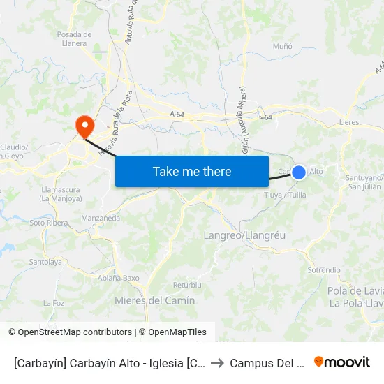 [Carbayín]  Carbayín Alto - Iglesia [Cta 00849] to Campus Del Milán map