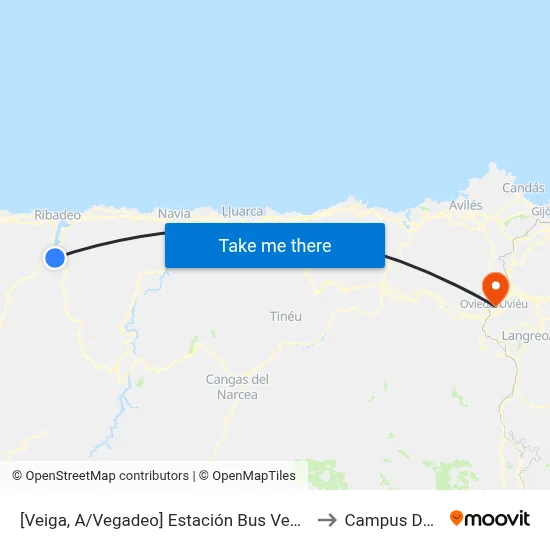 [Veiga, A/Vegadeo]  Estación Bus Vegadeo [Cta 01702] to Campus Del Milán map