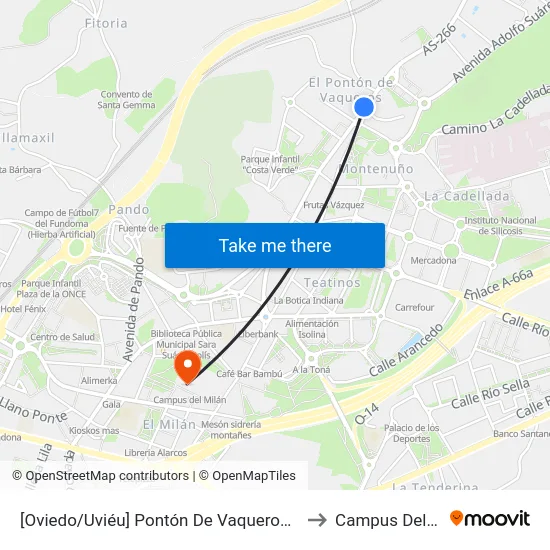 [Oviedo/Uviéu]  Pontón De Vaqueros [Cta 02056] to Campus Del Milán map