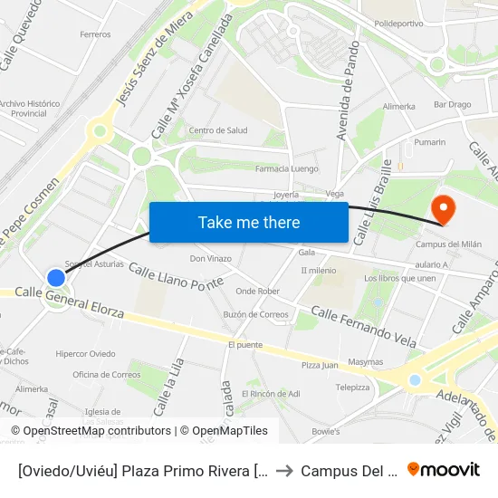 [Oviedo/Uviéu]  Plaza Primo Rivera [Cta 02061] to Campus Del Milán map