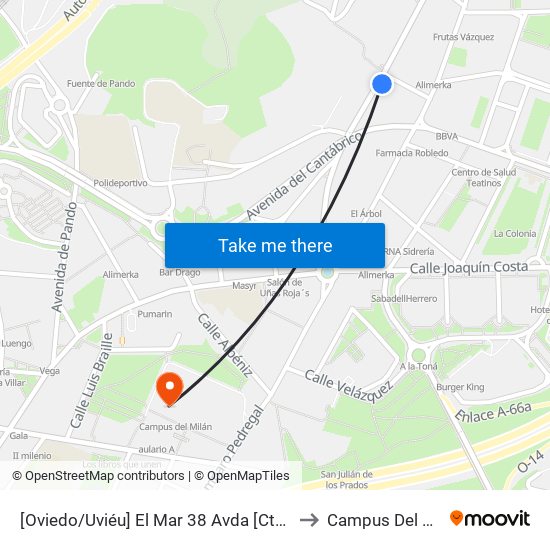 [Oviedo/Uviéu]  El Mar 38 Avda [Cta 02070] to Campus Del Milán map