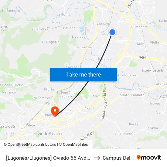 [Lugones/Llugones]  Oviedo 66 Avda [Cta 02292] to Campus Del Milán map
