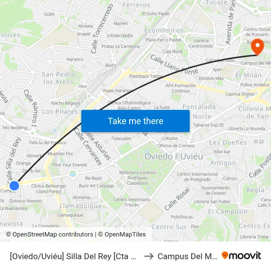 [Oviedo/Uviéu]  Silla Del Rey [Cta 02599] to Campus Del Milán map
