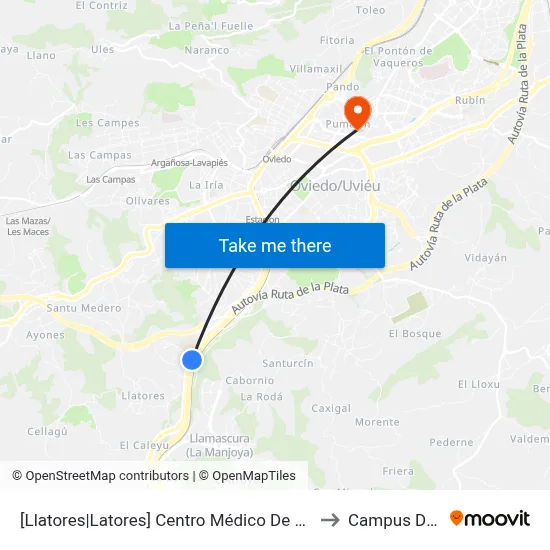 [Llatores|Latores]  Centro Médico De Asturias [Cta 02636] to Campus Del Milán map