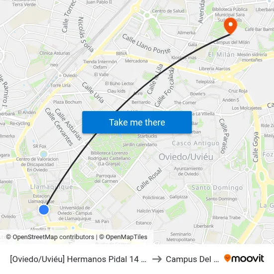 [Oviedo/Uviéu]  Hermanos Pidal 14 [Cta 02667] to Campus Del Milán map