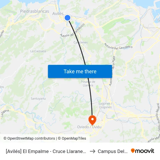 [Avilés]  El Empalme - Cruce Llaranes [Cta 02869] to Campus Del Milán map