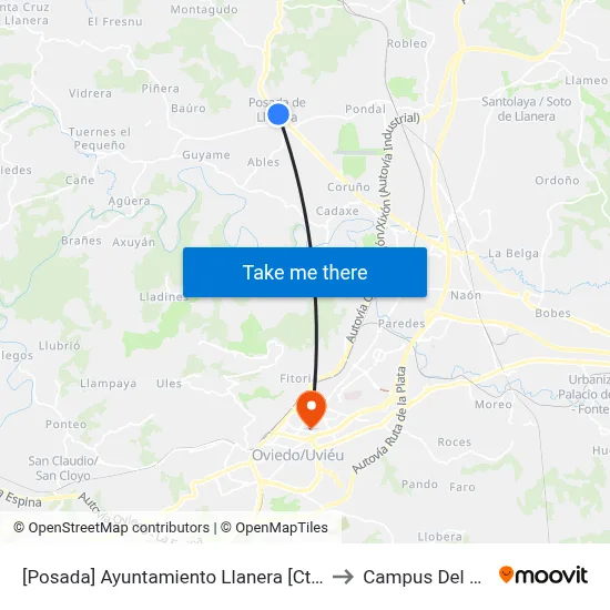 [Posada]  Ayuntamiento Llanera [Cta 04141] to Campus Del Milán map