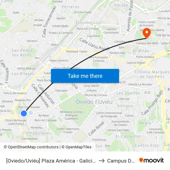 [Oviedo/Uviéu]  Plaza América - Galicia Avda [Cta 07307] to Campus Del Milán map