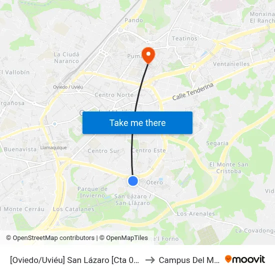 [Oviedo/Uviéu]  San Lázaro [Cta 07327] to Campus Del Milán map