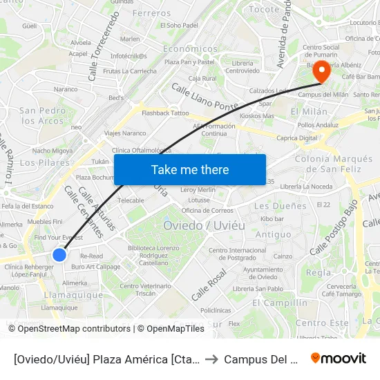 [Oviedo/Uviéu]  Plaza América [Cta 07393] to Campus Del Milán map