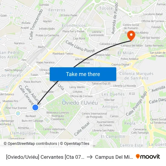 [Oviedo/Uviéu]  Cervantes [Cta 07394] to Campus Del Milán map