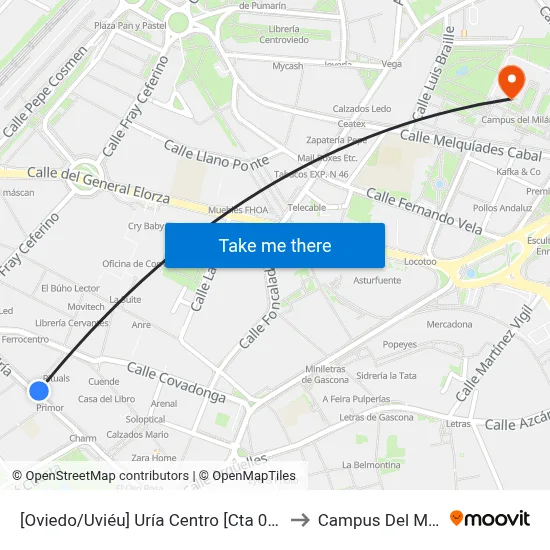 [Oviedo/Uviéu]  Uría Centro [Cta 07398] to Campus Del Milán map