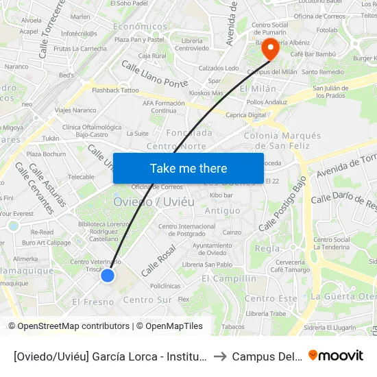 [Oviedo/Uviéu]  García Lorca - Instituto [Cta 07404] to Campus Del Milán map