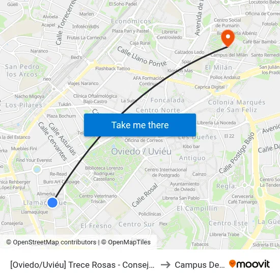 [Oviedo/Uviéu]  Trece Rosas - Consejerías [Cta 07420] to Campus Del Milán map