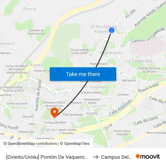 [Oviedo/Uviéu]  Pontón De Vaqueros [Cta 07421] to Campus Del Milán map