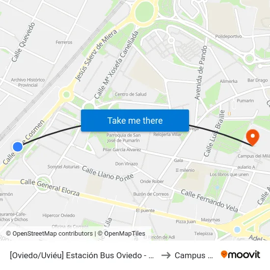 [Oviedo/Uviéu]  Estación Bus Oviedo - Pepe Cosmen [Cta 07426] to Campus Del Milán map