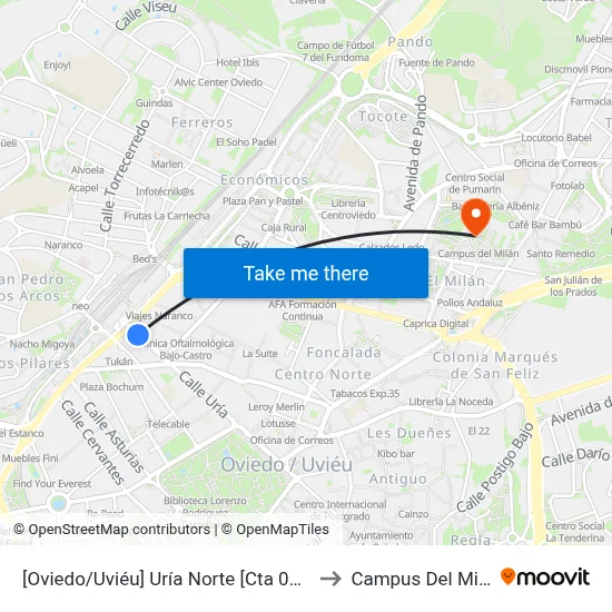 [Oviedo/Uviéu]  Uría Norte [Cta 07428] to Campus Del Milán map