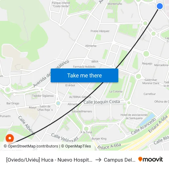 [Oviedo/Uviéu]  Huca - Nuevo Hospital [Cta 16751] to Campus Del Milán map