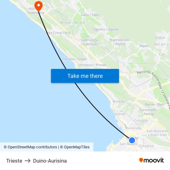 Trieste to Duino-Aurisina map
