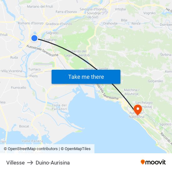 Villesse to Duino-Aurisina map