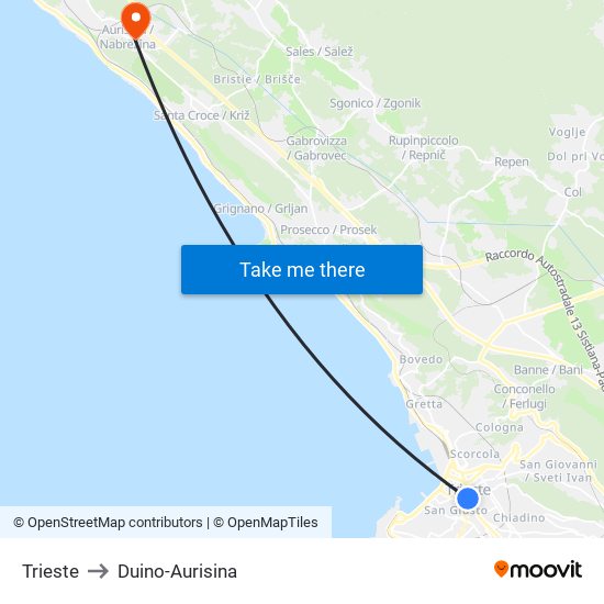 Trieste to Duino-Aurisina map