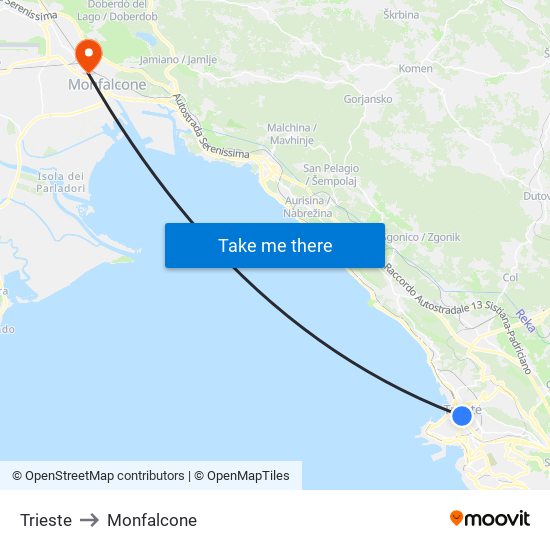 Trieste to Monfalcone map