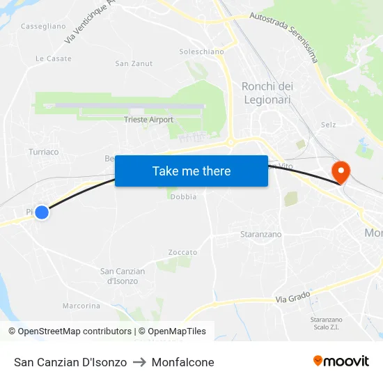 San Canzian d'Isonzo to Monfalcone map