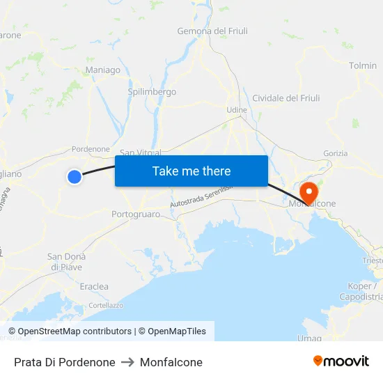 Prata di Pordenone to Monfalcone map
