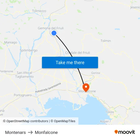 Montenars to Monfalcone map