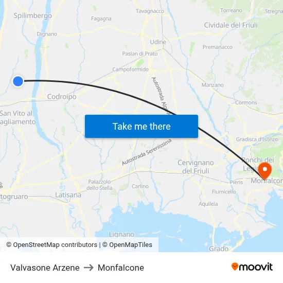 Valvasone Arzene to Monfalcone map