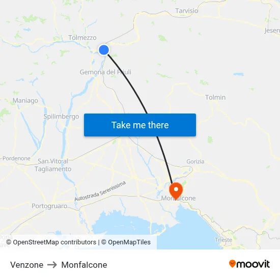 Venzone to Monfalcone map
