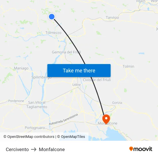 Cercivento to Monfalcone map