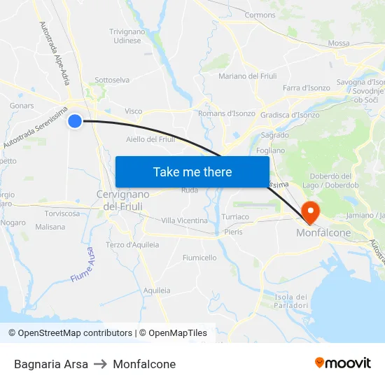 Bagnaria Arsa to Monfalcone map