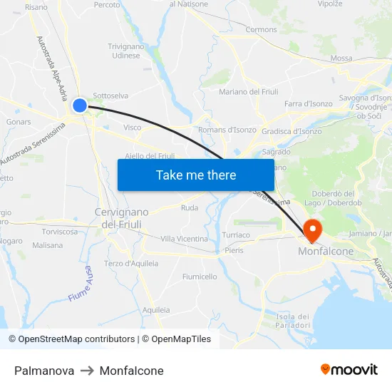 Palmanova to Monfalcone map
