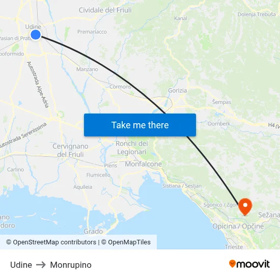 Udine to Monrupino map