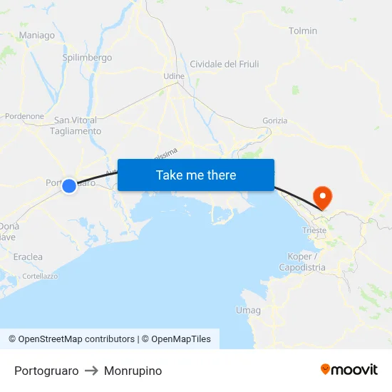 Portogruaro to Monrupino map