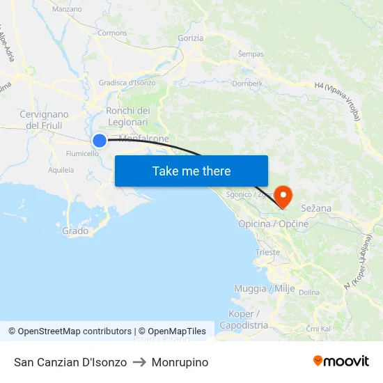 San Canzian d'Isonzo to Monrupino map