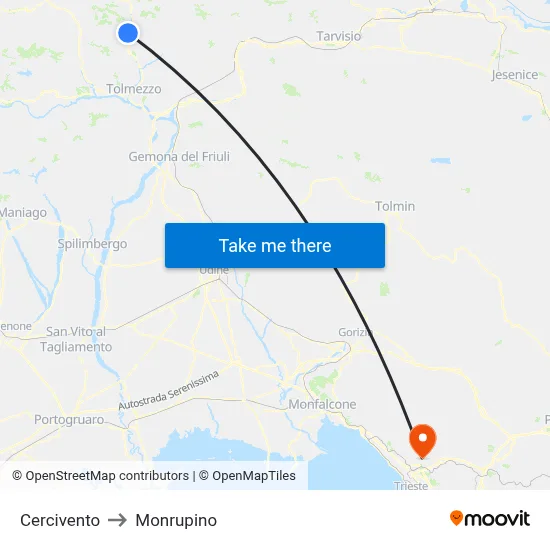Cercivento to Monrupino map