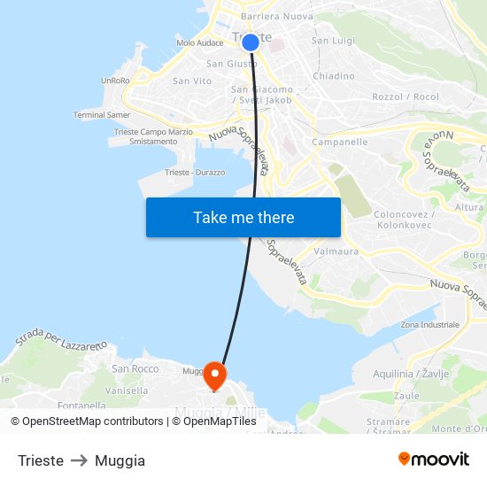 Trieste to Muggia map