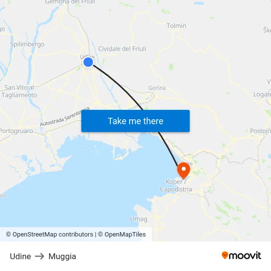 Udine to Muggia map
