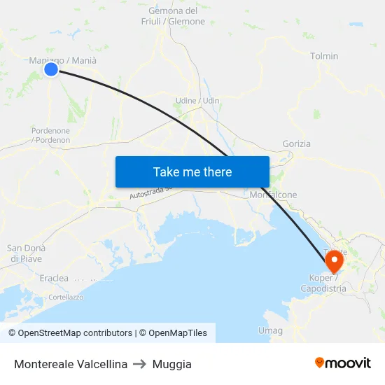 Montereale Valcellina to Muggia map