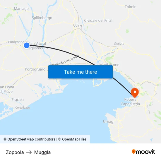 Zoppola to Muggia map
