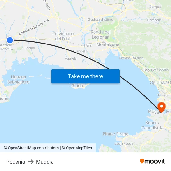 Pocenia to Muggia map
