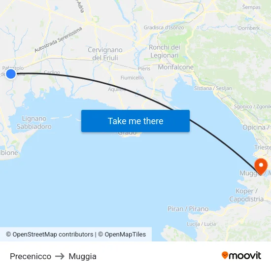 Precenicco to Muggia map