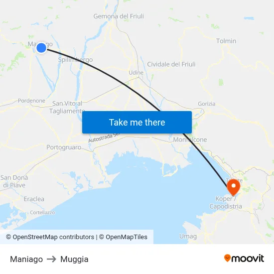 Maniago to Muggia map