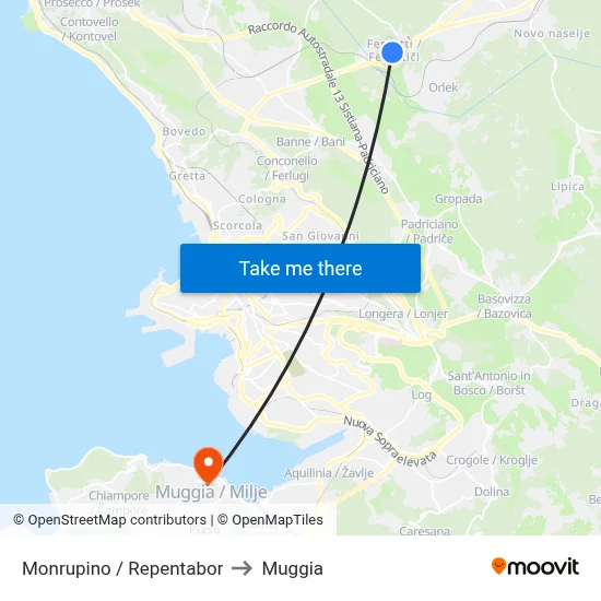 Monrupino / Repentabor to Muggia map