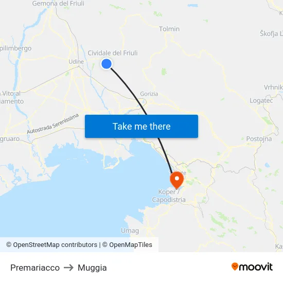 Premariacco to Muggia map