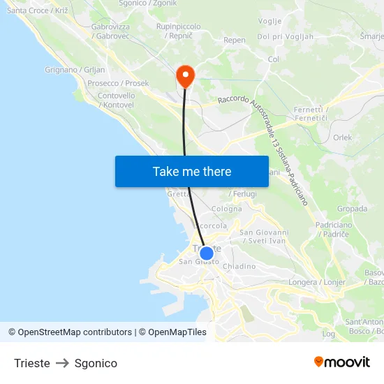 Trieste to Sgonico map